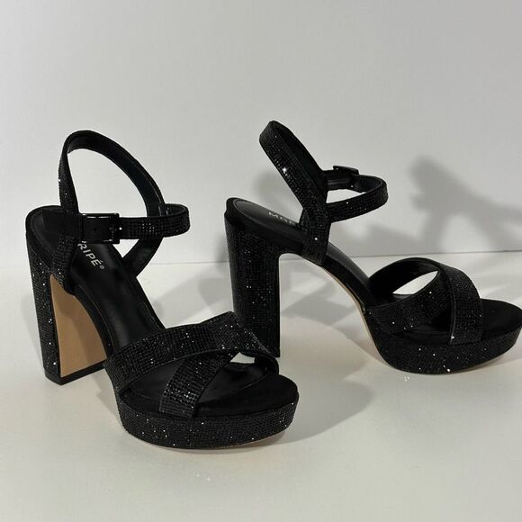 Maripe Leilani Open Toe Ankle Strap Rhinestone Platform Sandals Black | Size 7.5 - Picture 1 of 15